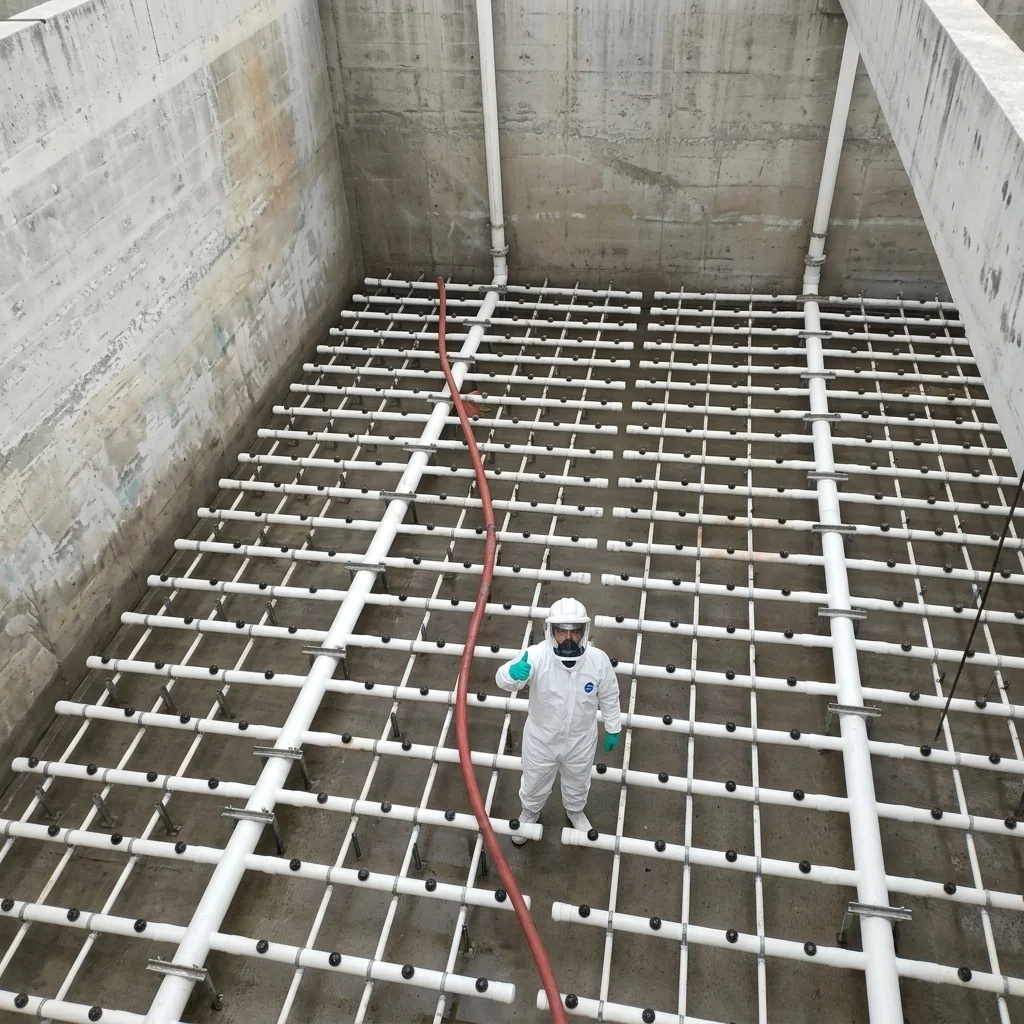 Cárcamo o planta de tratamiento de aguas residuales y tuberías difusoras completamente lavadas y desinfectadas
