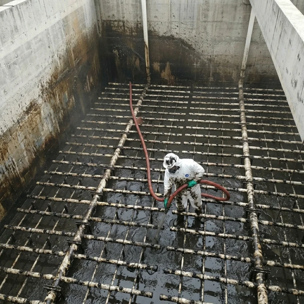 Cárcamo o planta de tratamiento de aguas residuales saturada de lodos con tuberías obstruidas