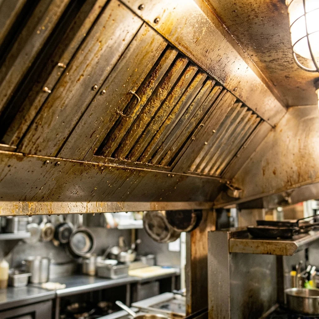 Campana extractora de cocina comercial saturada de cochambre y grasa inflamable antes del servicio