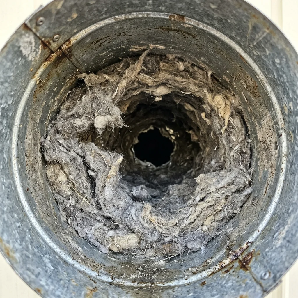 Interior de ducto de secadora industrial lleno de pelusa y polvo inflamable