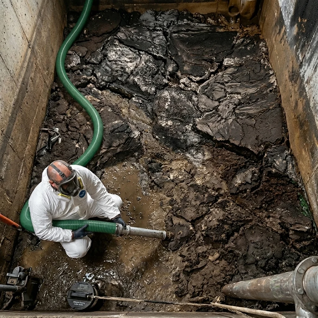 Cárcamo o fosa de PTAR saturada de lodos secos antes del servicio con manguera de succión verde de 6 pulgadas